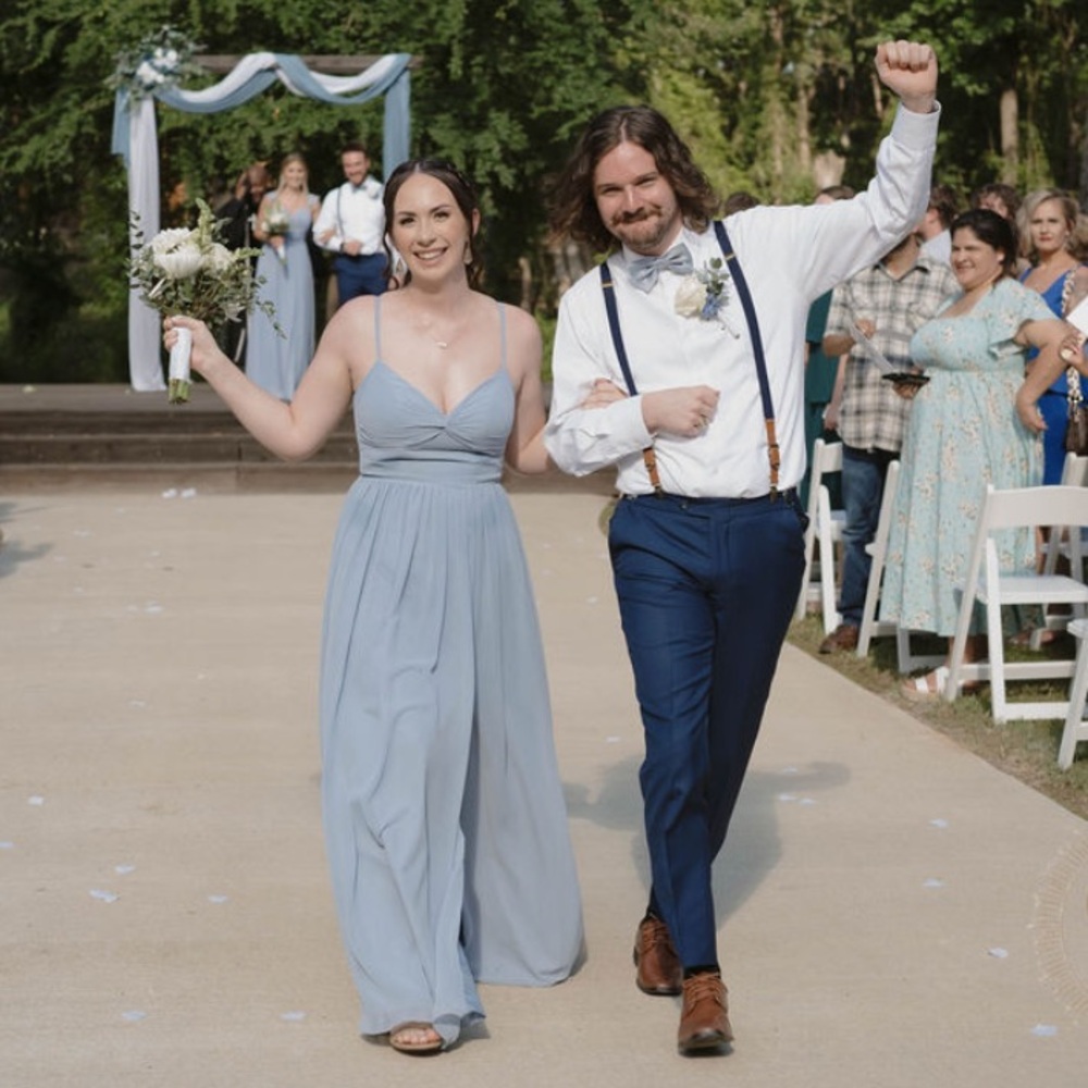 Azazie Zeya Dusty Blue Flowy V-Neck Pleated Chiffon Bridesmaid Dress